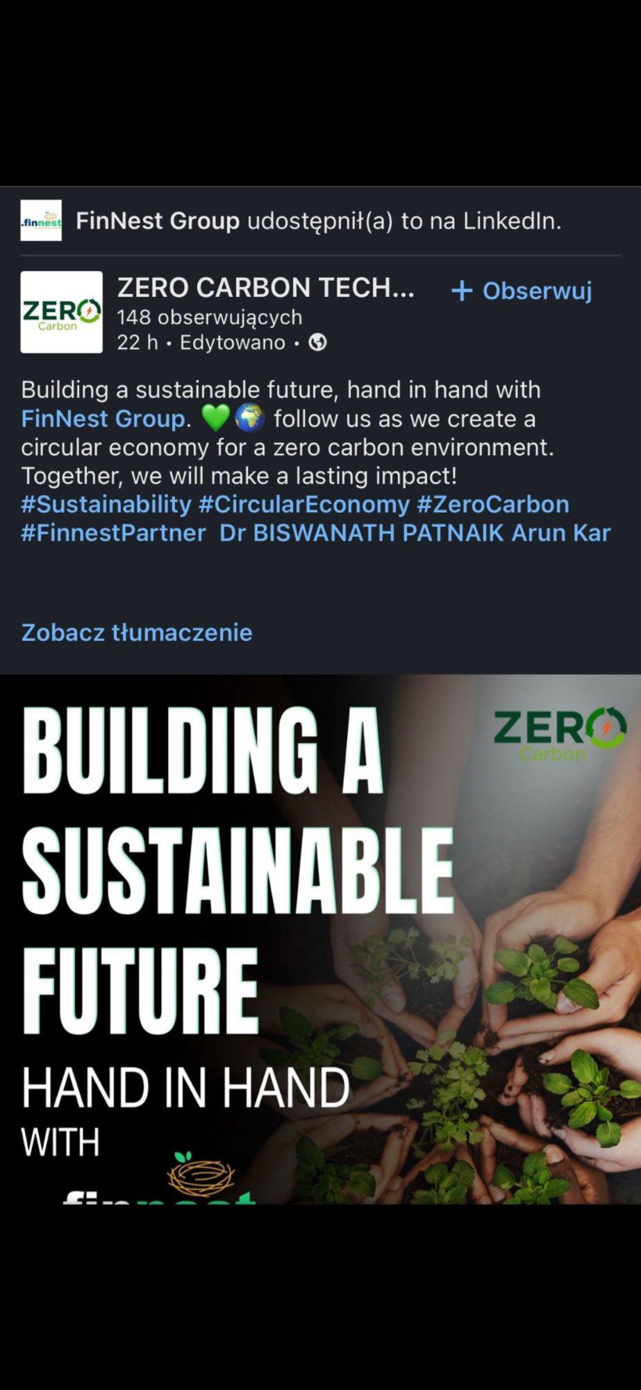 FinNest Group Re-shares ZCT Sustainability Post