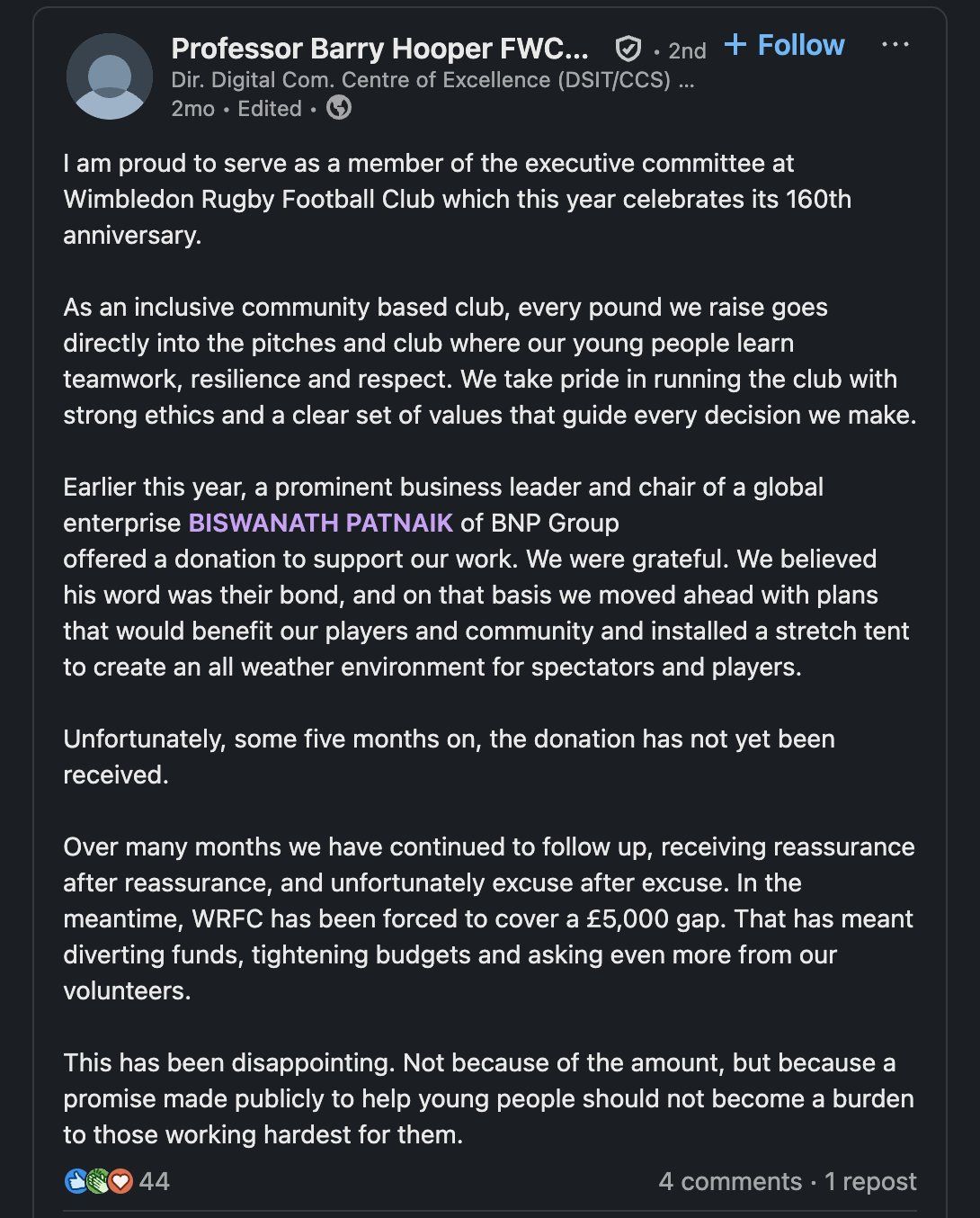 LinkedIn Statement by Prof. Barry Hooper